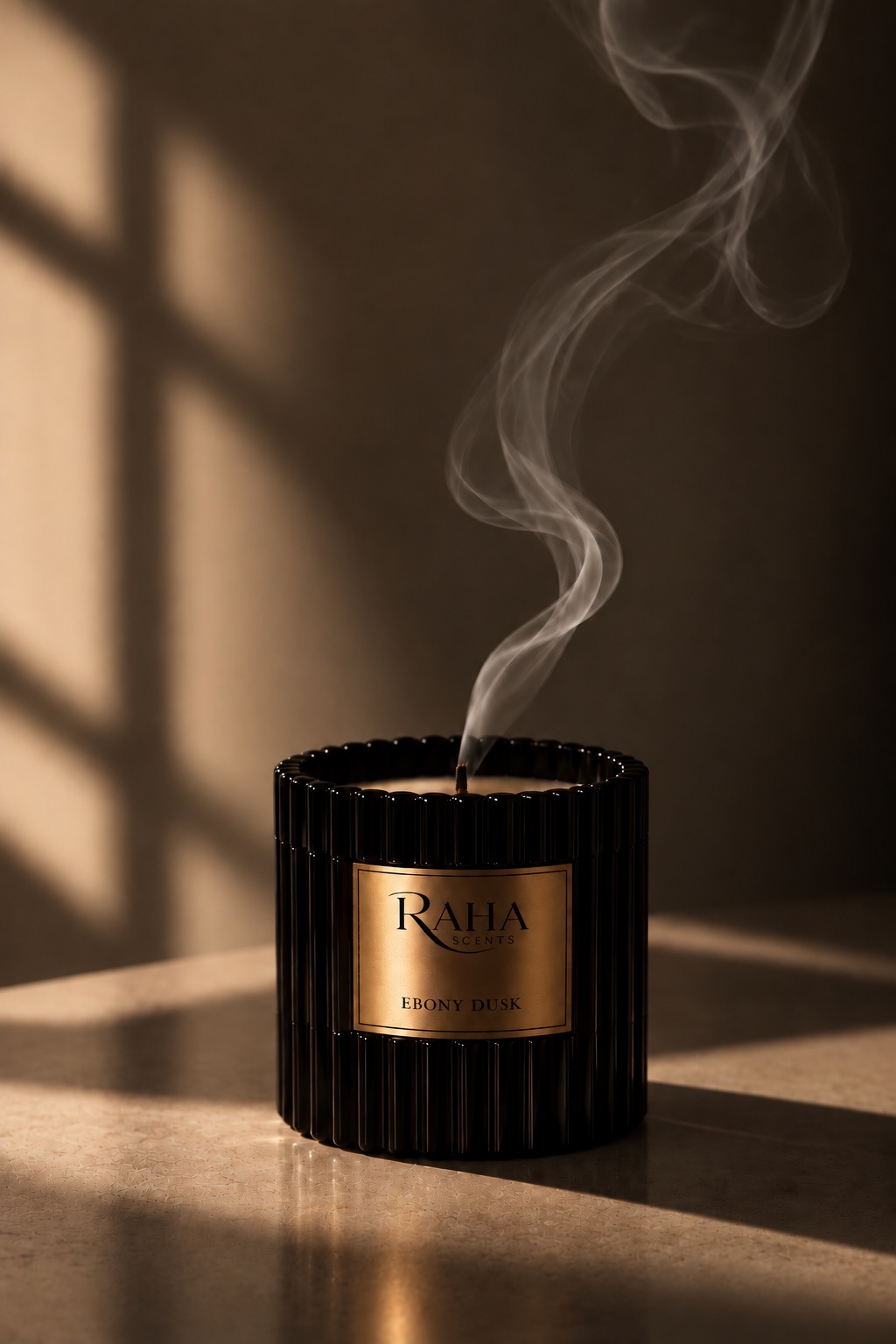 A dark Raha Scents candle with smoke drifting above it
