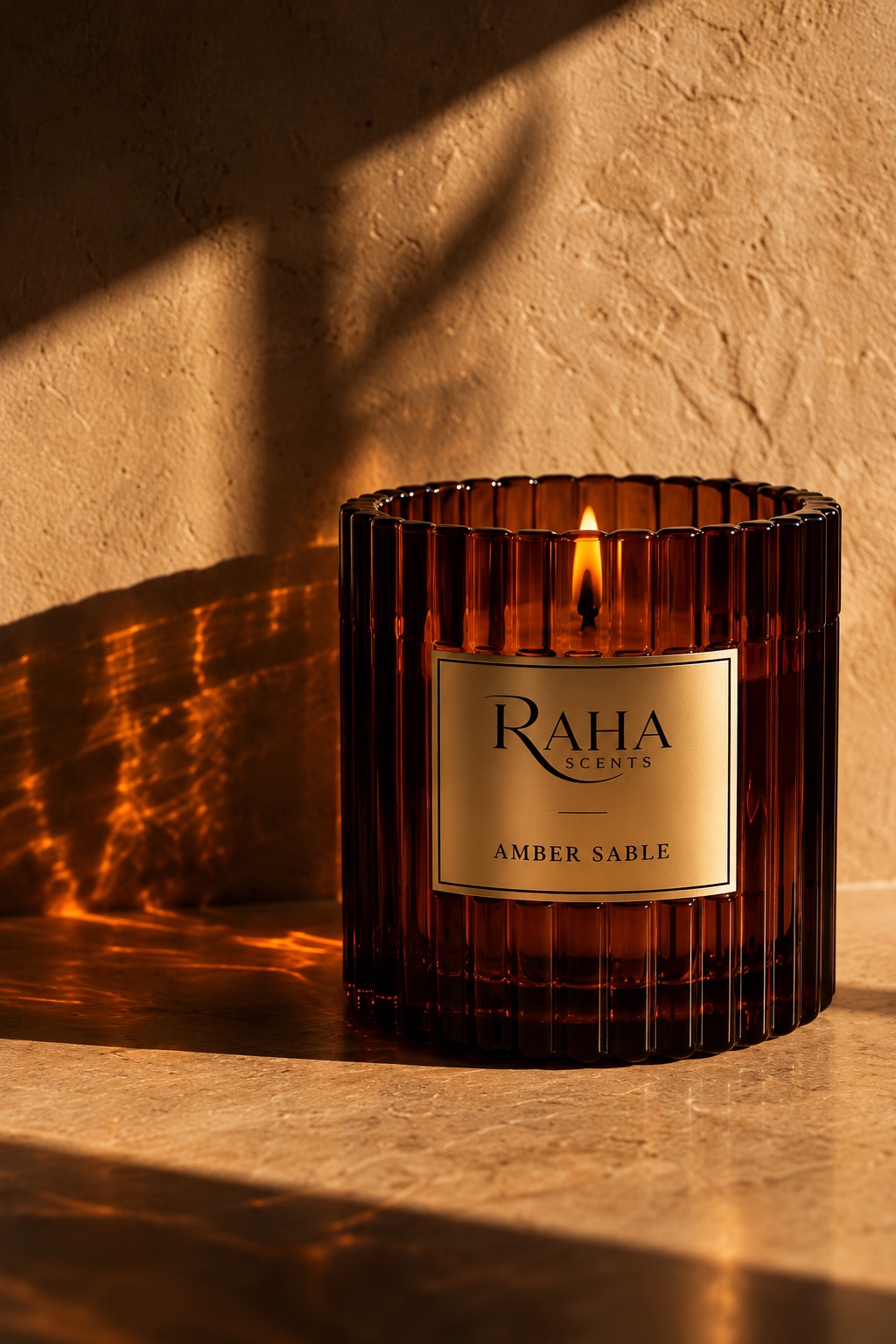 A lit Raha Scents candle casting window shadows across stone